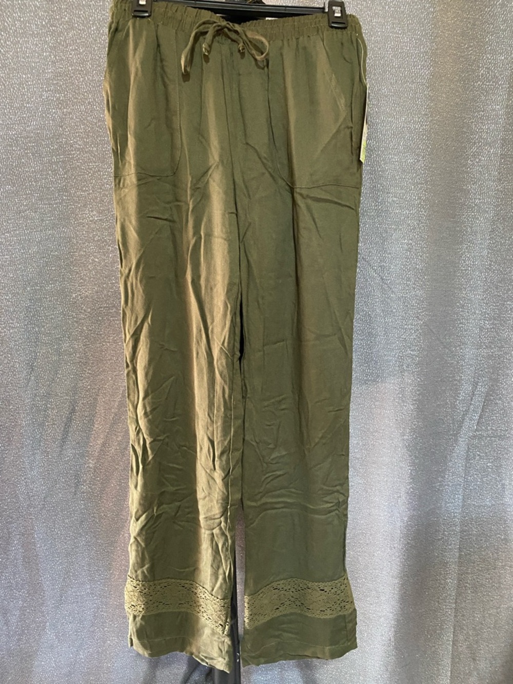 Adam Levine Collection Olive Green Wide-Leg Pants with Lace Hem